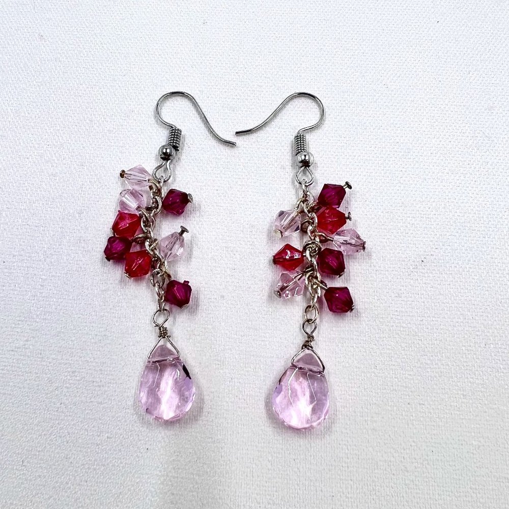 Pink Dangle Silver Tone 2.5” Fishhook Earrings